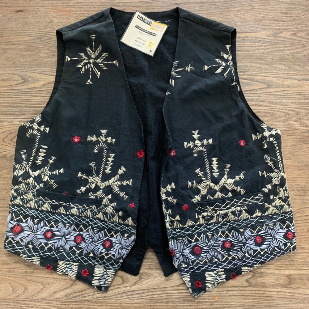 VTG Handcraft Black Cotton Embroidered Boho Vest Mirror Work India V-Neck L READ